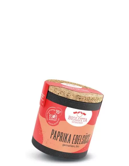 Bio-Pappdose mit rotem Etikett mit der Aufschrift „PAPRIKA EDELSÜSS“