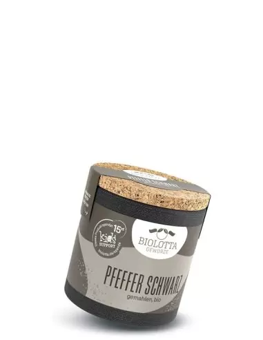 Bio-Pappdose mit grauem Etikett mit der Aufschrift „PFEFFER SCHWARZ“