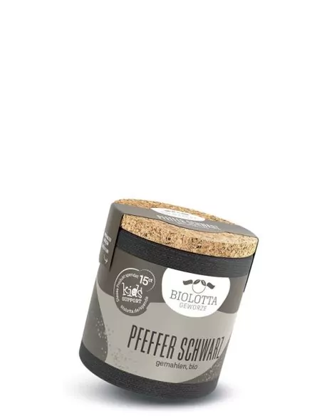 Bio-Pappdose mit grauem Etikett mit der Aufschrift „PFEFFER SCHWARZ“