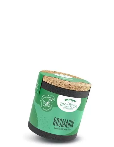 Bio-Pappdose mit hell- und dunkelgrünem Etikett mit der Aufschrift „Rosmarin"