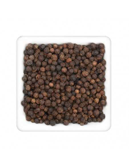 Quadratischer weißer Teller mit ganzen schwarzen Pfefferkörnern.