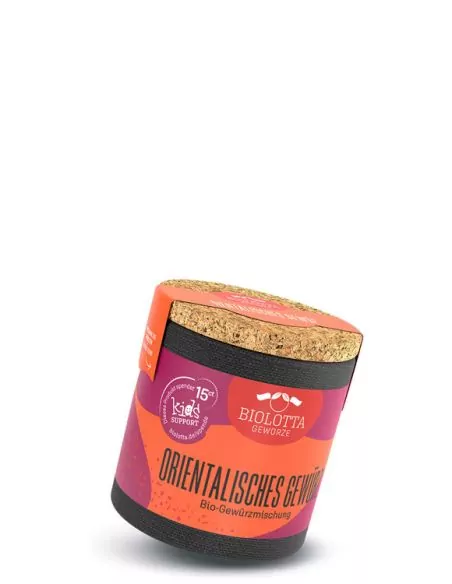 Bio-Pappdose mit orange-pinkem Etikett mit der Aufschrift „ORIENTALISCHE GEWÜRZMISCHUNG“