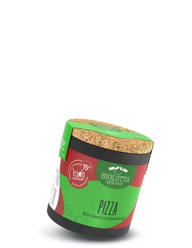 Bio-Pappdose mit rot-grünem Etikett mit der Aufschrift „PIZZA“