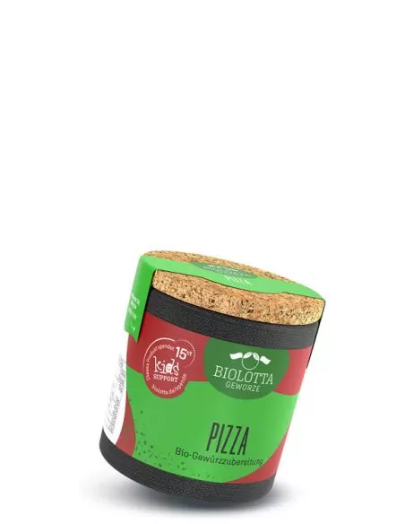 Bio-Pappdose mit rot-grünem Etikett mit der Aufschrift „PIZZA“