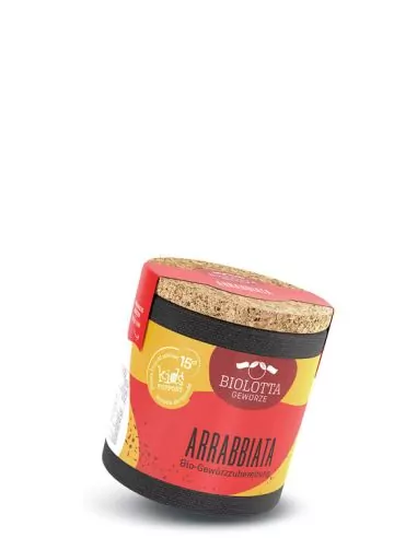 Bio-Pappdose mit gelb-rotem Etikett mit der Aufschrift „ARRABBIATA“.