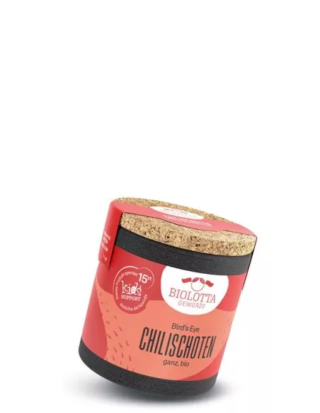 Bio-Pappdose mit rotem Etikett mit der Aufschrift „CHILISCHROTEN"