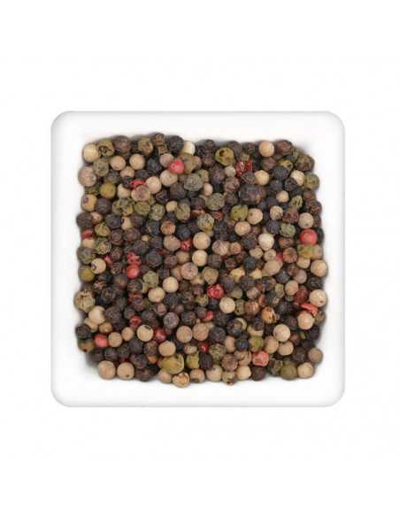 Quadratischer weißer Teller mit buntem Pfeffermix aus schwarzen, weißen, grünen und roten Pfefferkörnern. Quadratischer weißer Teller mit buntem Pfeffermix aus schwarzen, weißen, grünen und roten Pfefferkörnern.