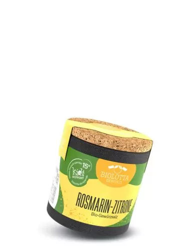 Bio-Pappdose mit gelb-grünem Etikett mit der Aufschrift „ROSMARIN-ZITRONE
