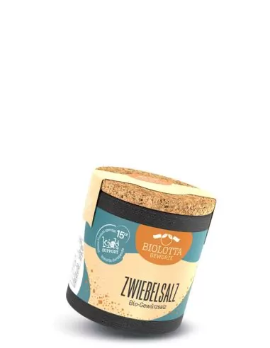 Bio-Pappdose mit creme-blauem Etikett mit der Aufschrift „ZWIEBELSALZ“.