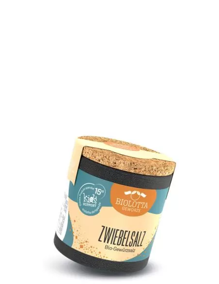 Bio-Pappdose mit creme-blauem Etikett mit der Aufschrift „ZWIEBELSALZ“.