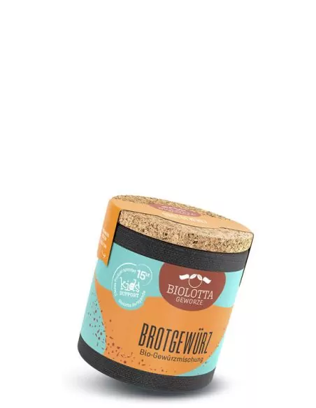 Bio-Pappdose mit türkis-orangenem Etikett mit der Aufschrift „BROTGEWÜRZ“