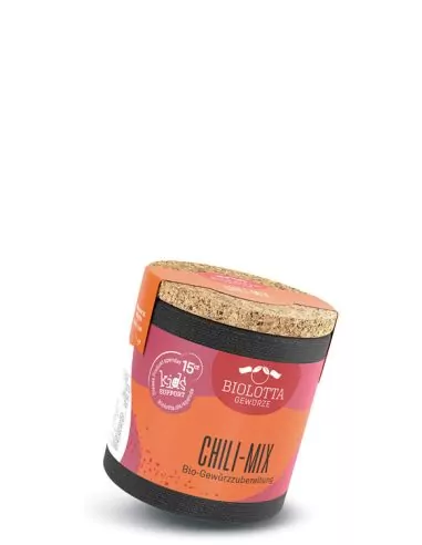 Bio-Pappdose mit rot-orangem Etikett mit der Aufschrift „CHILI-MIX“.