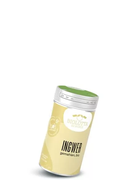 Gewürzstreuer mit hellgelbem Etikett mit der Aufschrift Ingwer, gemahlen, bio