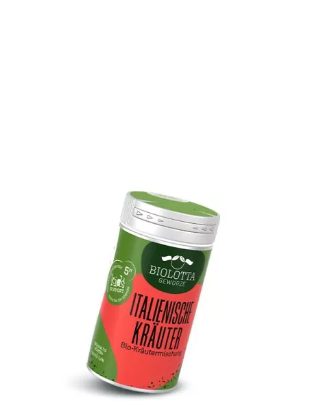 Gewürzstreuer mit grün-rotem Etikett mit der Aufschrift Italienische Kräuter, Bio-Kräutermischung