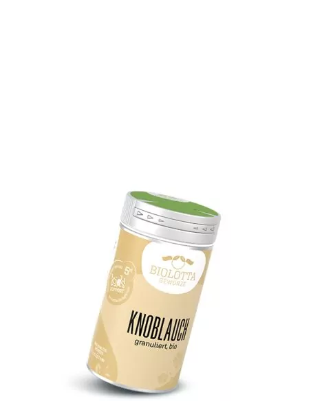 Gewürzstreuer mit beigefarbenem Etikett mit der Aufschrift Knoblauch, granuliert, bio