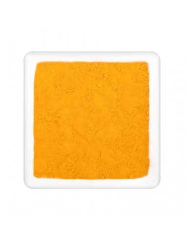 Leuchtend gelbes, fein gemahlenes Kurkumapulver auf weißem, quadratischem Teller. Leuchtend gelbes, fein gemahlenes Kurkumapulver auf weißem, quadratischem Teller.