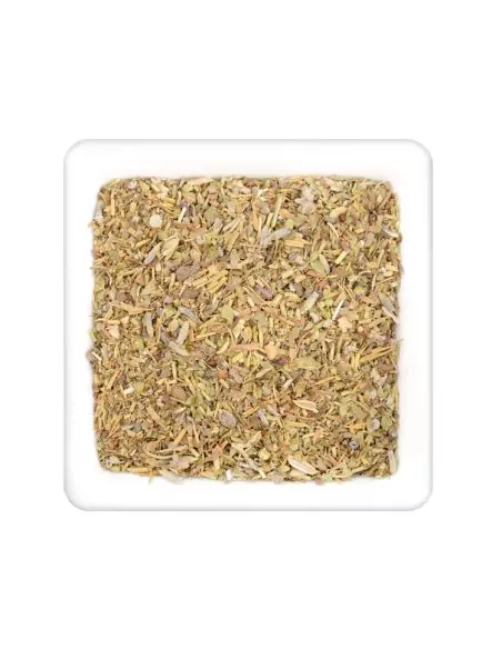 Quadratischer Teller mit grober, grünlich-brauner Kräutermischung