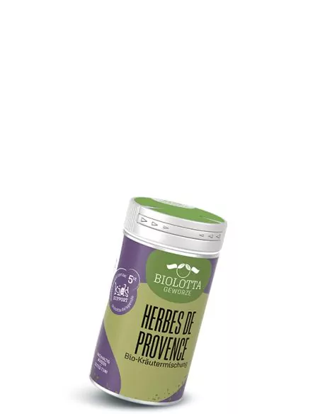 Gewürzstreuer mit grün-lila Etikett mit der Aufschrift Herbes de Provence, Bio-Kräutermischung