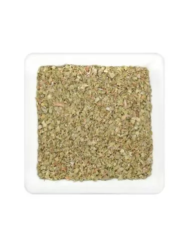 Quadratischer Teller mit grünlich-bräunlichem, grob gerebeltem Majoran