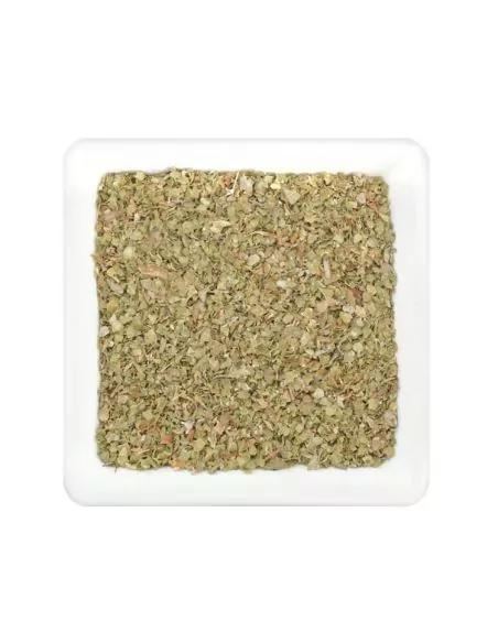Quadratischer Teller mit grünlich-bräunlichem, grob gerebeltem Majoran