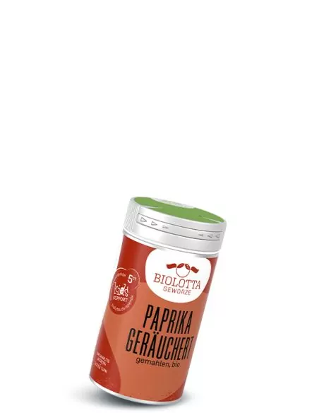 Gewürzstreuer mit rot-orangefarbenem Etikett mit der Aufschrift Paprika Geräuchert, gemahlen, bio
