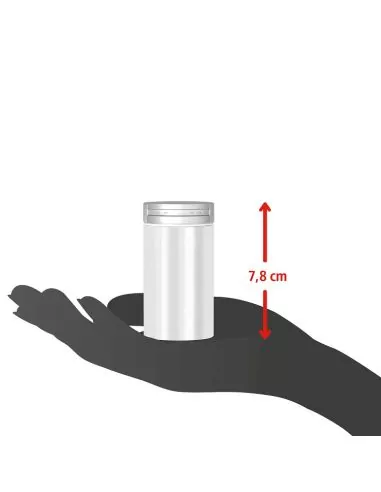 Eine Metalldose mit silbernem Deckel steht auf einer Handfläche. Daneben ein Pfeil mit der Höhenangabe „7,8 cm“. Eine Metalldose mit silbernem Deckel steht auf einer Handfläche. Daneben ein Pfeil mit der Höhenangabe „7,8 cm“.