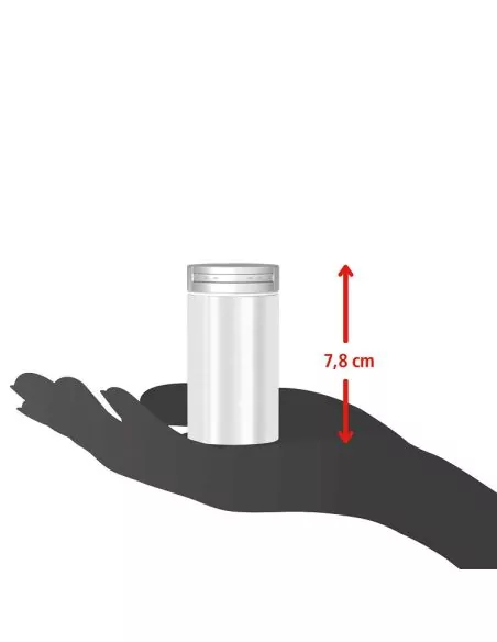 Eine Metalldose mit silbernem Deckel steht auf einer Handfläche. Daneben ein Pfeil mit der Höhenangabe „7,8 cm“. Eine Metalldose mit silbernem Deckel steht auf einer Handfläche. Daneben ein Pfeil mit der Höhenangabe „7,8 cm“.
