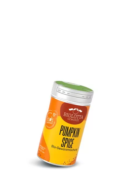 Gewürzstreuer mit orange-gelbem Etikett mit der Aufschrift Pumpkin Spice, Bio-Gewürzmischung