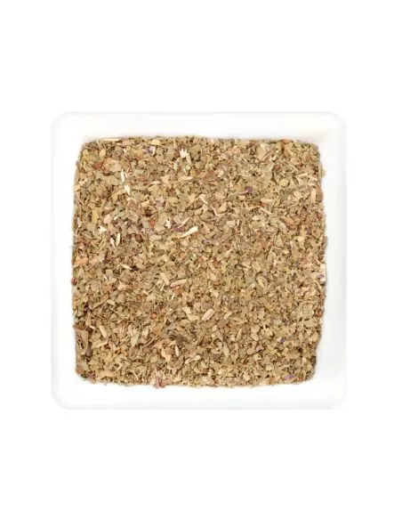 Quadratische weiße Schale mit hellbraun-grünlichen, grob gerebelten Basilikumblättern Quadratische weiße Schale mit hellbraun-grünlichen, grob gerebelten Basilikumblättern