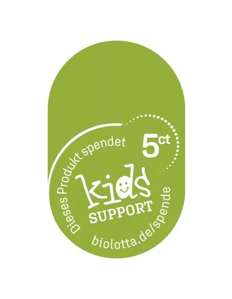 Grünes Logo mit weißem Schriftzug „Dieses Produkt spendet 5 ct – kids Support“
