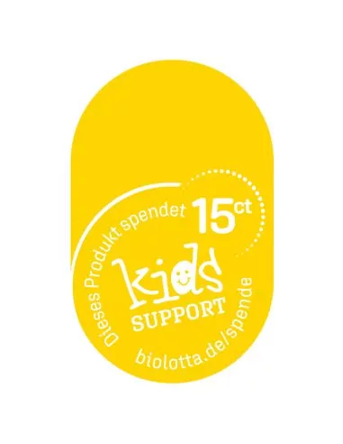 Gelbes Spendenetikett mit der Aufschrift „15 ct kids SUPPORT“