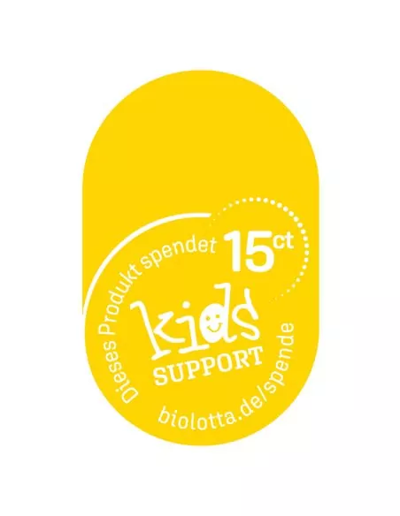 Gelbes Spendenetikett mit der Aufschrift „15 ct kids SUPPORT“