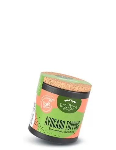 Schwarze Pappdose mit lachsfarbenem Etikett mit der Aufschrift Avocado Topping, Bio-Gewürzzubereitung