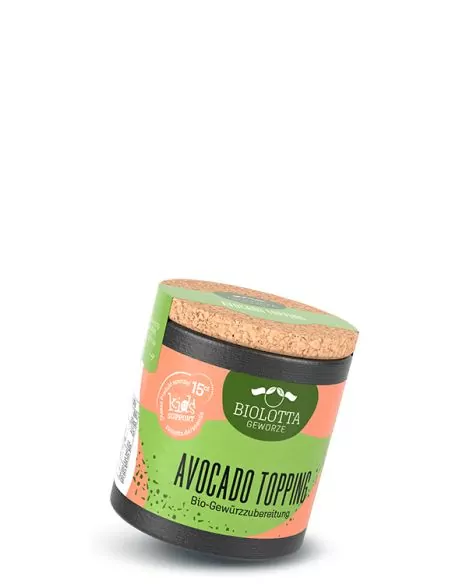 Schwarze Pappdose mit lachsfarbenem Etikett mit der Aufschrift Avocado Topping, Bio-Gewürzzubereitung