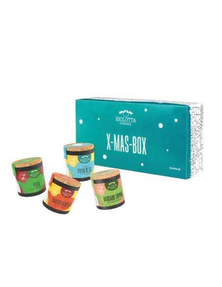 Vier bunte Bio-Pappdosen vor türkisfarbener Geschenkbox mit der Aufschrift „X-MAS-BOX“