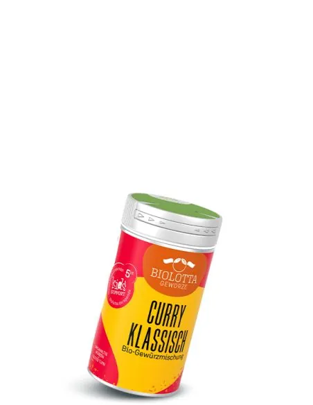 Dose Biolotta Curry Klassisch Bio-Gewürzmischung mit gelb-rotem Etikett und grünem Deckel.