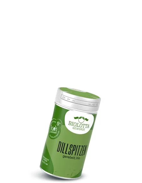 Dose Biolotta Dillspitzen gerebelt, bio, mit grünem Etikett und Deckel.