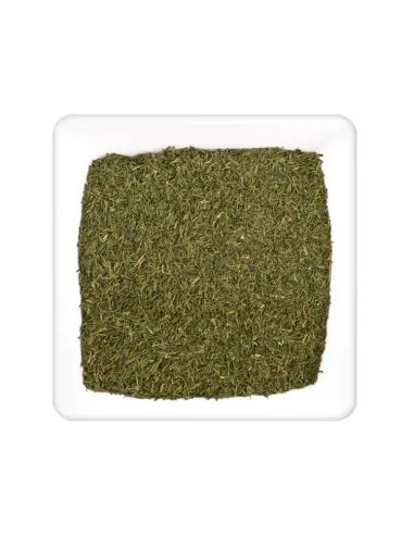 Getrocknete, grüne Dillspitzen in weißer Schale.