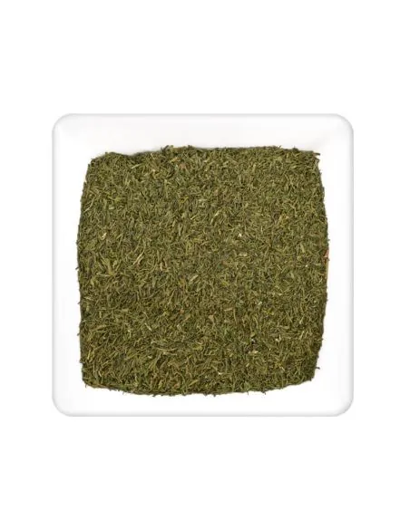 Getrocknete, grüne Dillspitzen in weißer Schale.