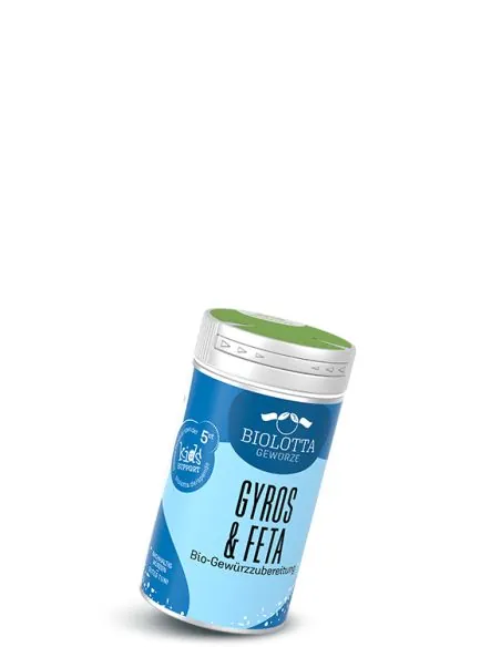 Dose Biolotta Gyros & Feta Bio-Gewürzzubereitung mit blauem Etikett und grünem Deckel.