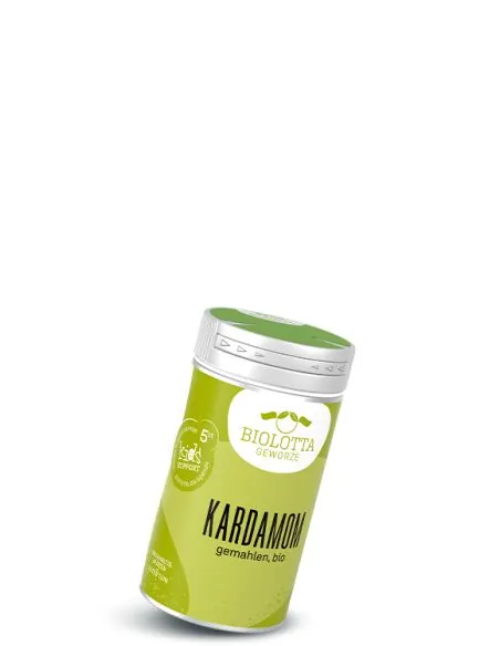 Dose Biolotta Kardamom gemahlen, bio, mit hellgrünem Etikett und grünem Deckel.