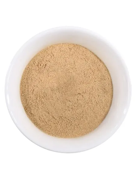 Fein gemahlenes, beiges Kardamompulver in weißer Schale.