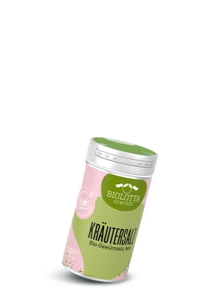 Dose Biolotta Kräutersalz Bio-Gewürzsalz mit grün-rosafarbenem Etikett und grünem Deckel.