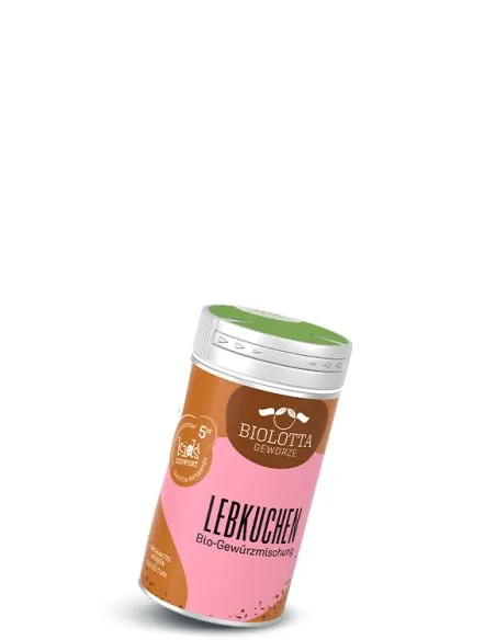 Dose Biolotta Lebkuchen Bio-Gewürzmischung mit braun-rosa Etikett und grünem Deckel.