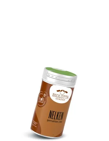 Dose Biolotta Nelken gemahlen, bio, mit braunem Etikett und grünem Deckel.