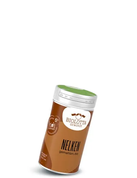 Dose Biolotta Nelken gemahlen, bio, mit braunem Etikett und grünem Deckel.