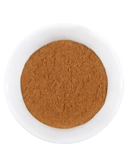 Fein gemahlenes braunes Nelkenpulver in weißer Schale.