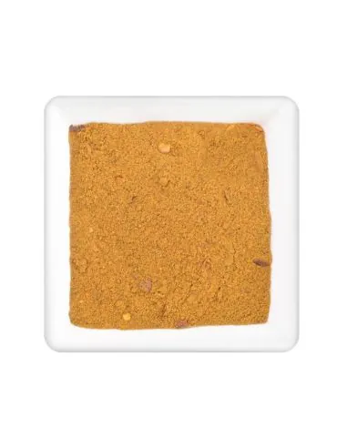 Fein gemahlene, goldbraune Ras-el-Hanout-Gewürzmischung in weißer Schale.