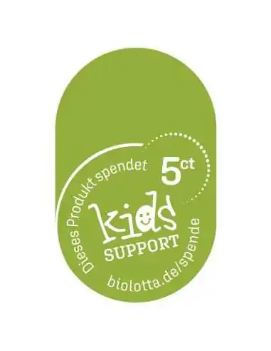 Grünes Logo mit weißem Schriftzug „Dieses Produkt spendet 5 ct – kids Support“