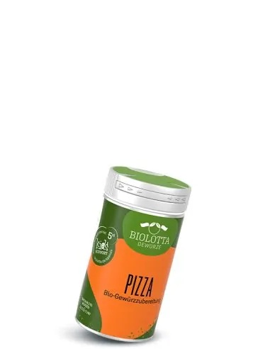 Dose Biolotta Pizza Bio-Gewürzzubereitung mit grün-orangefarbenem Etikett.